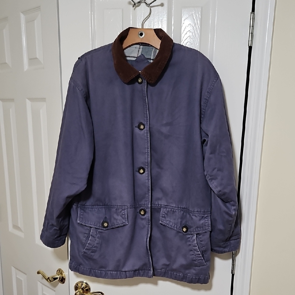 St. John's Bay Barn Jacket in Dusty Blue with Brown Collar